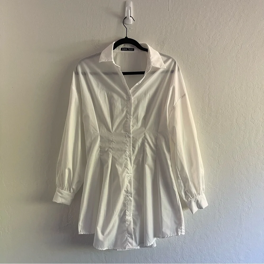 Shein White Oversized Button Up Collared Shirt Dress Sheer Womens Size 2 - Picture 2 of 9